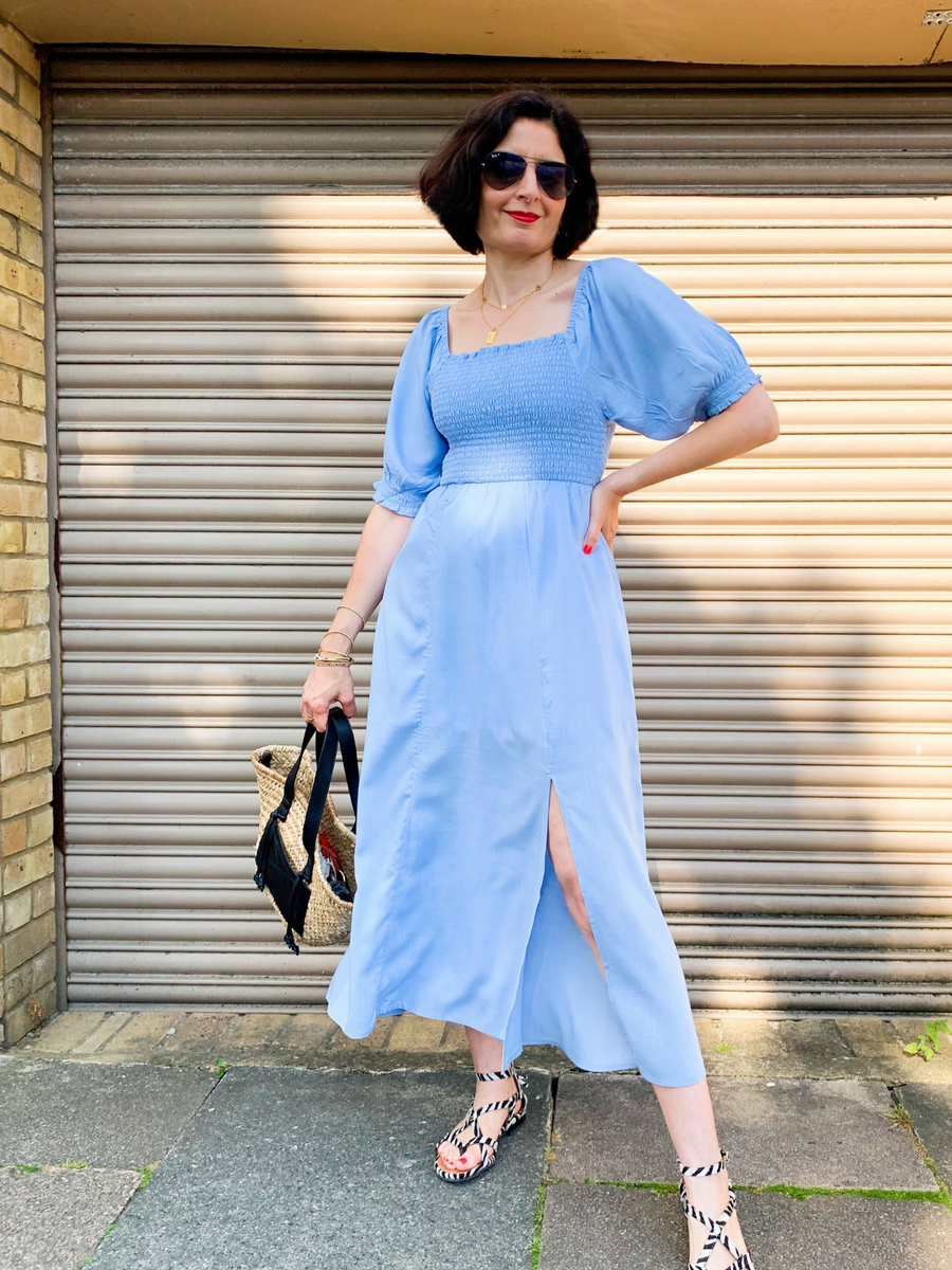 Katie - Shirred Bodice Midi Dress - Blue