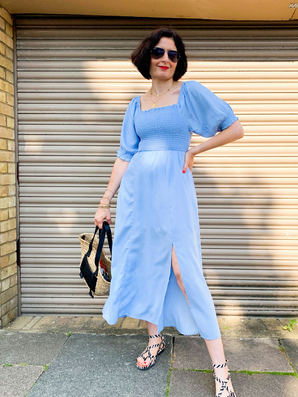 Katie - Shirred Bodice Midi Dress - Blue