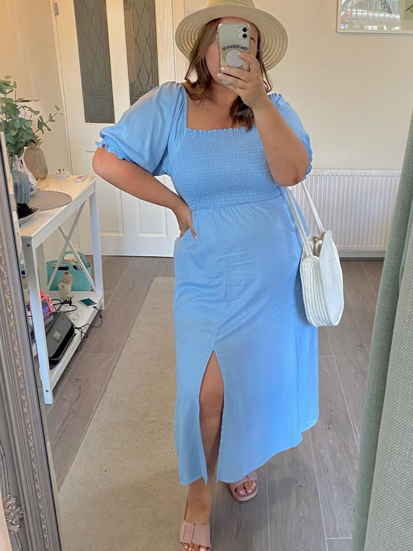 Katie - Shirred Bodice Midi Dress - Blue