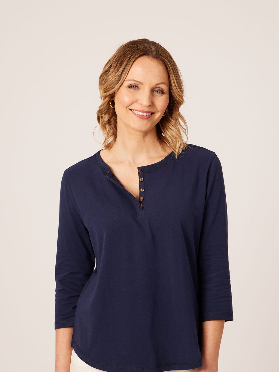 Elizabeth - Henley Jersey Top - Navy