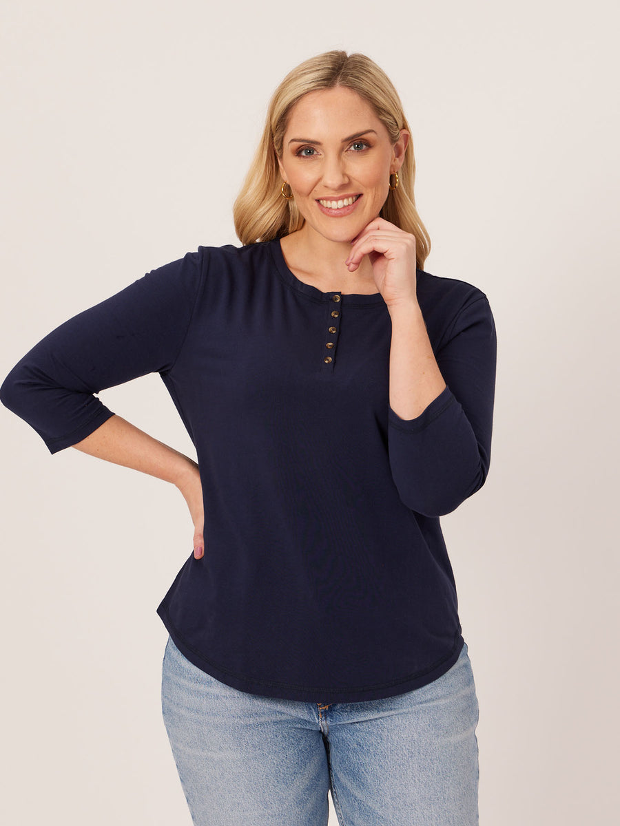 Elizabeth - Henley Jersey Top - Navy