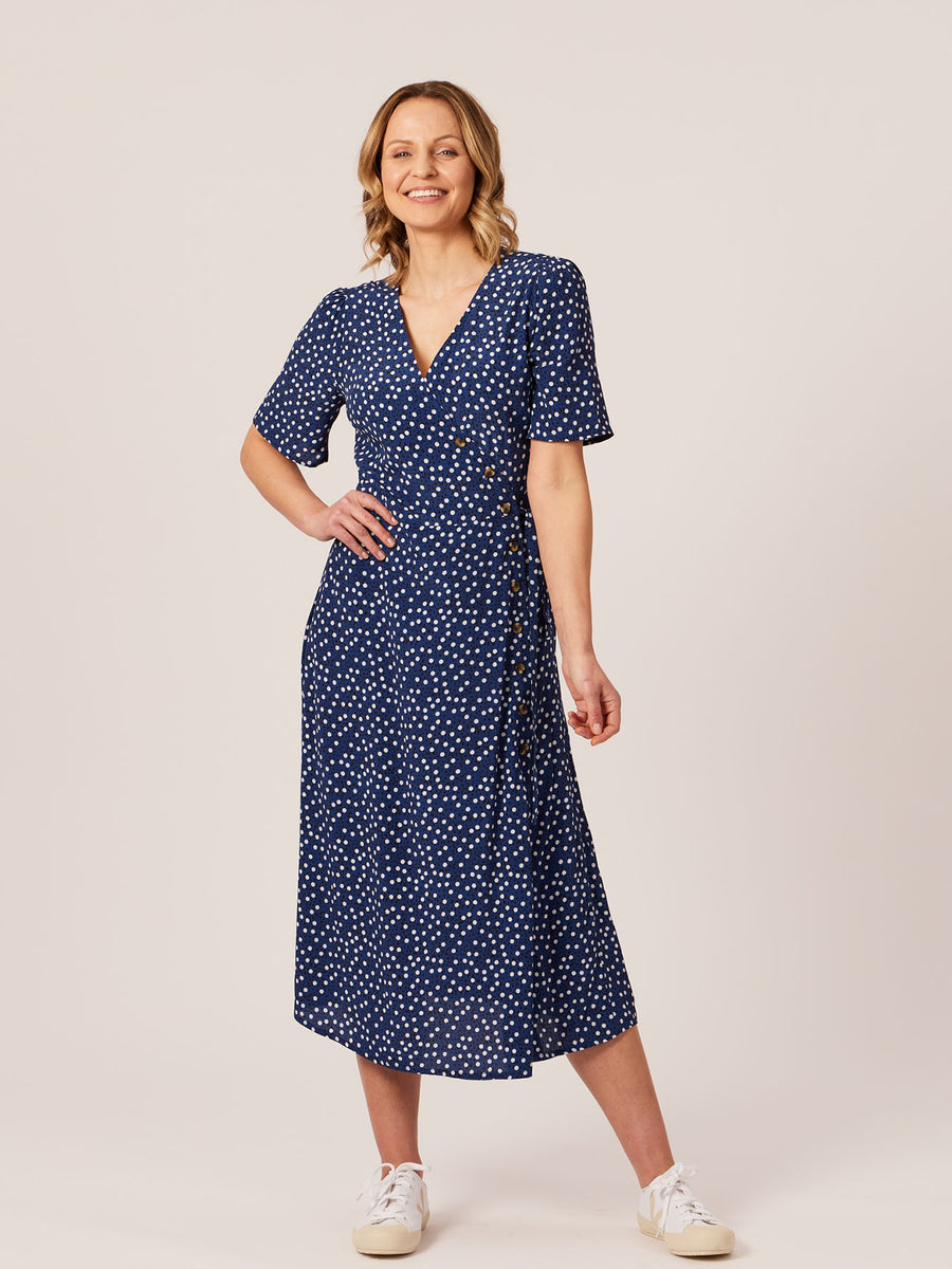 Lesley - Midi Button Wrap Dress - Blue Polkadot