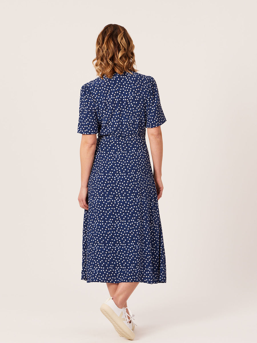 Lesley - Midi Button Wrap Dress - Blue Polkadot