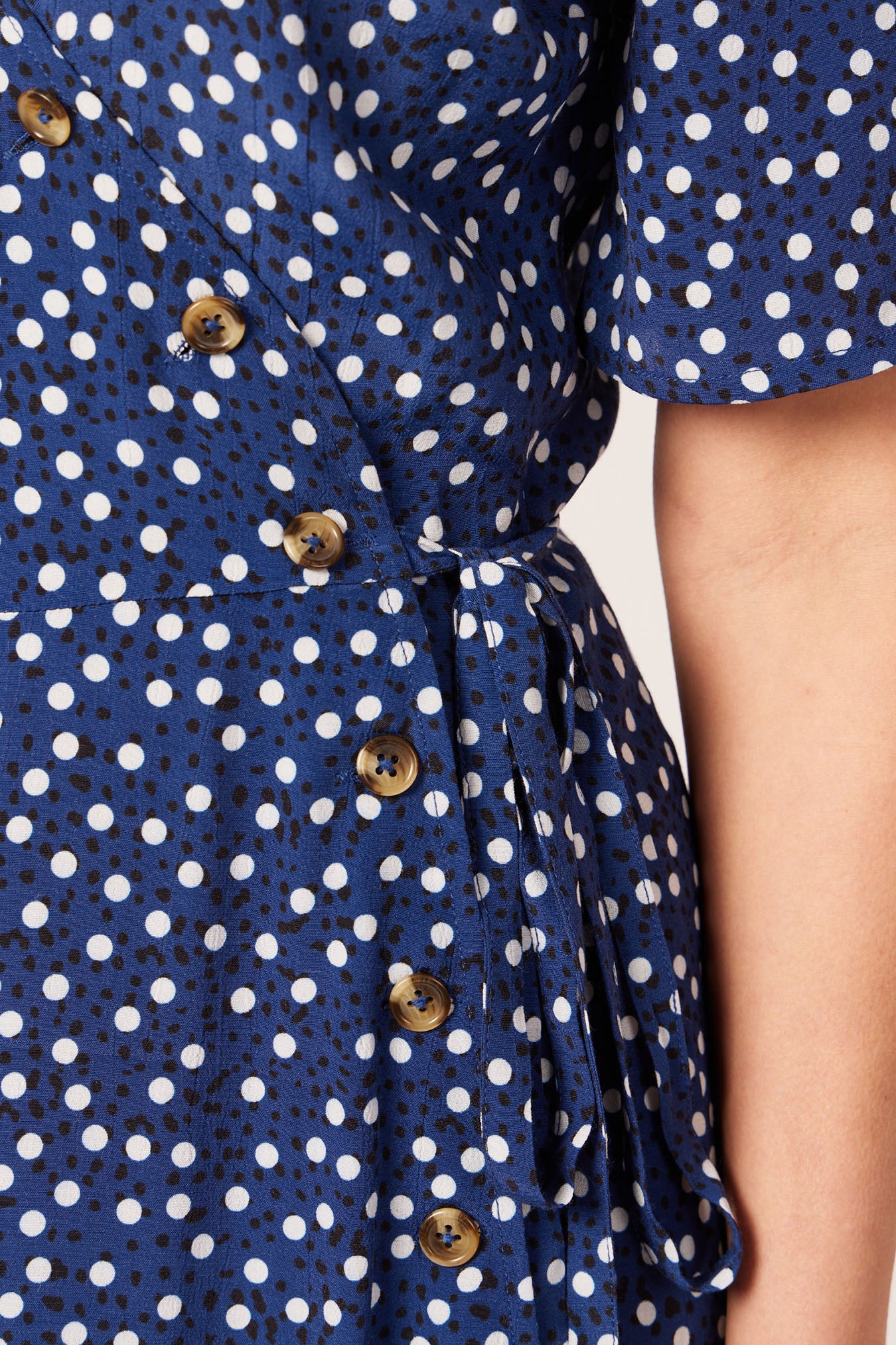 Lesley - Midi Button Wrap Dress - Blue Polkadot – This is Unfolded