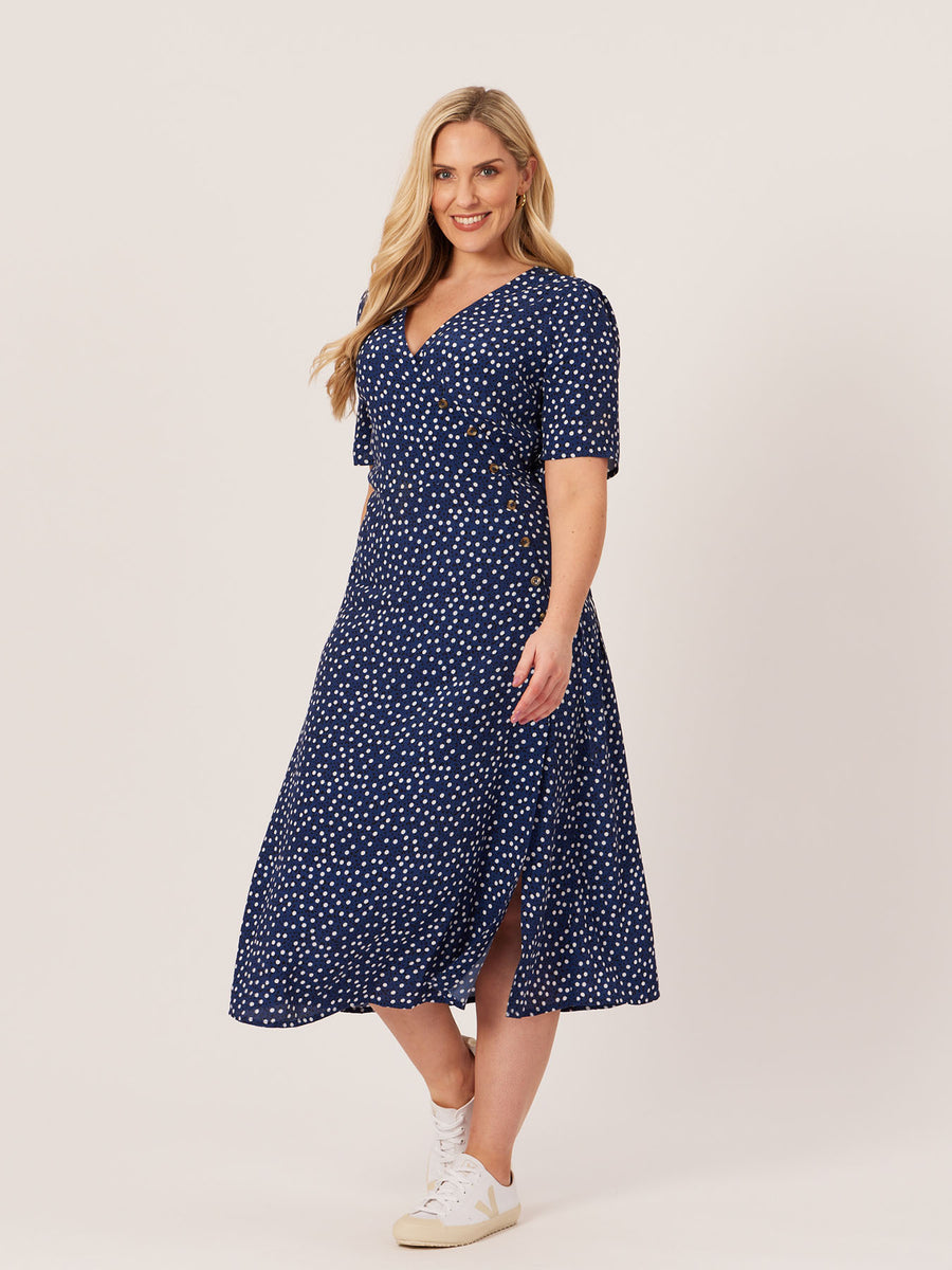 Lesley - Midi Button Wrap Dress - Blue Polkadot