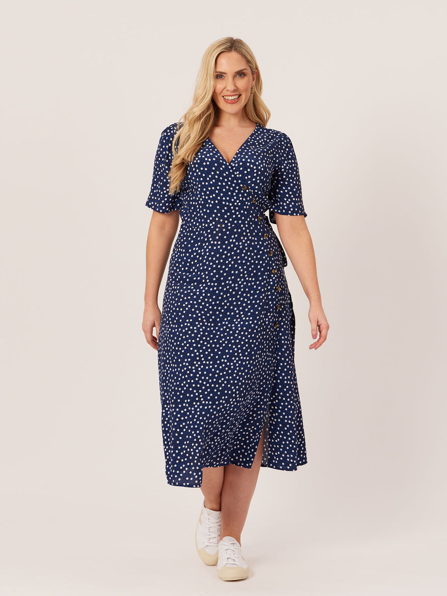 Lesley - Midi Button Wrap Dress - Blue Polkadot