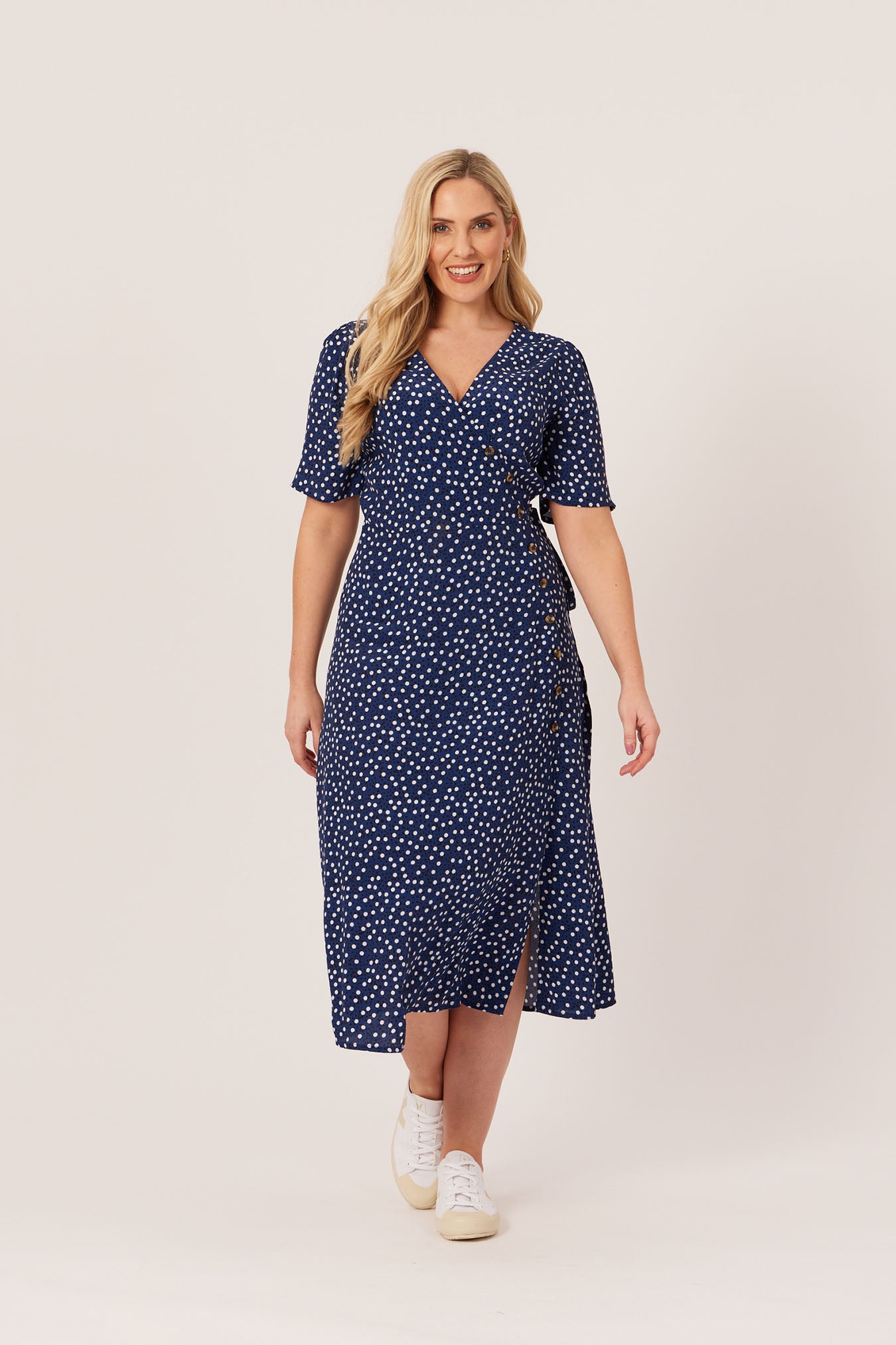 Lesley - Midi Button Wrap Dress - Blue Polkadot – This is Unfolded