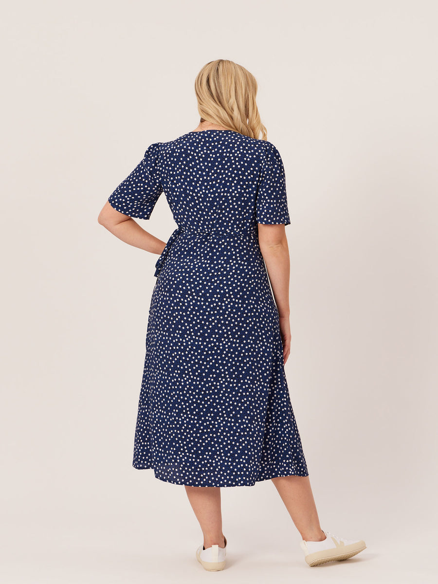Lesley - Midi Button Wrap Dress - Blue Polkadot