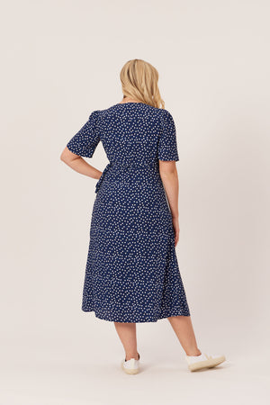 Lesley - Midi Button Wrap Dress - Blue Polkadot