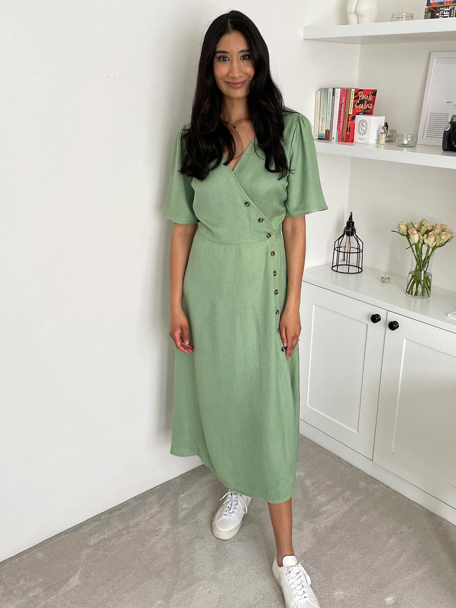 Lesley - Midi Button Wrap Dress - Green