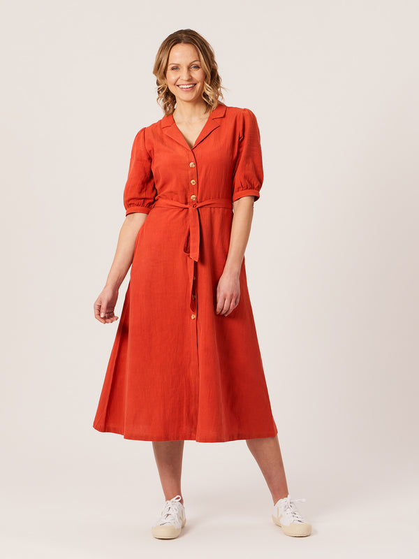 Michelle - Short Sleeve Shirt Dress - Red/Orange