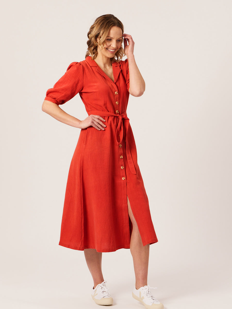 Michelle - Short Sleeve Shirt Dress - Red/Orange