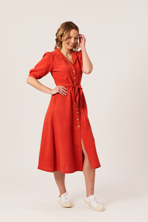 Michelle - Short Sleeve Shirt Dress - Red/Orange