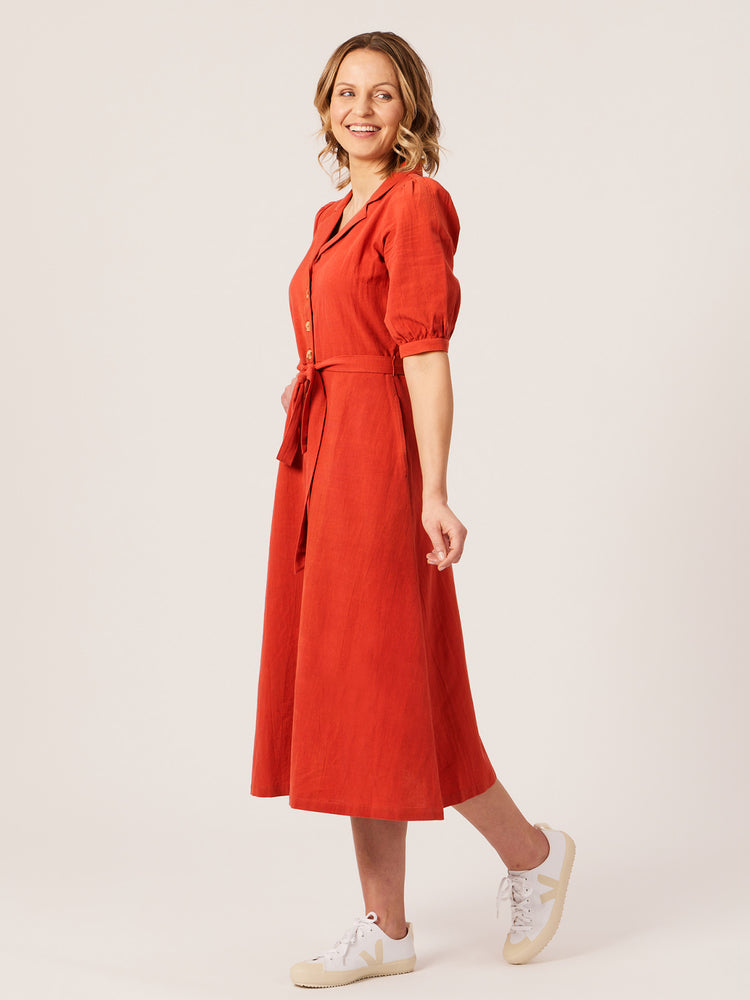 Michelle - Short Sleeve Shirt Dress - Red/Orange