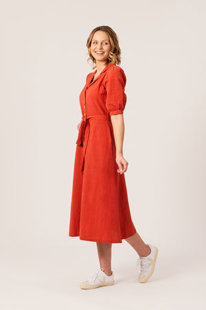 Michelle - Short Sleeve Shirt Dress - Red/Orange