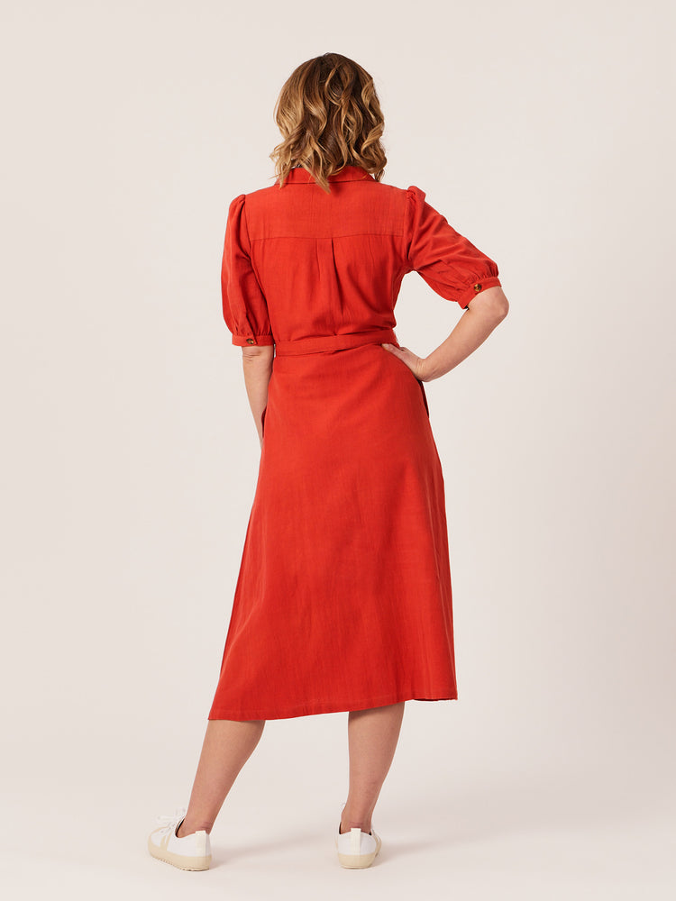 Michelle - Short Sleeve Shirt Dress - Red/Orange