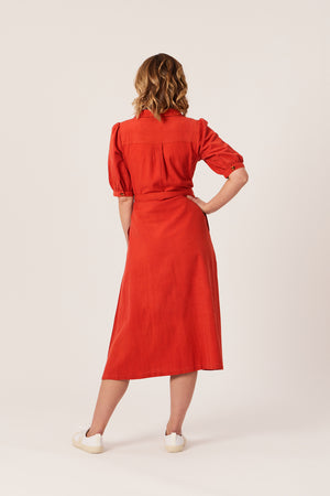 Michelle - Short Sleeve Shirt Dress - Red/Orange