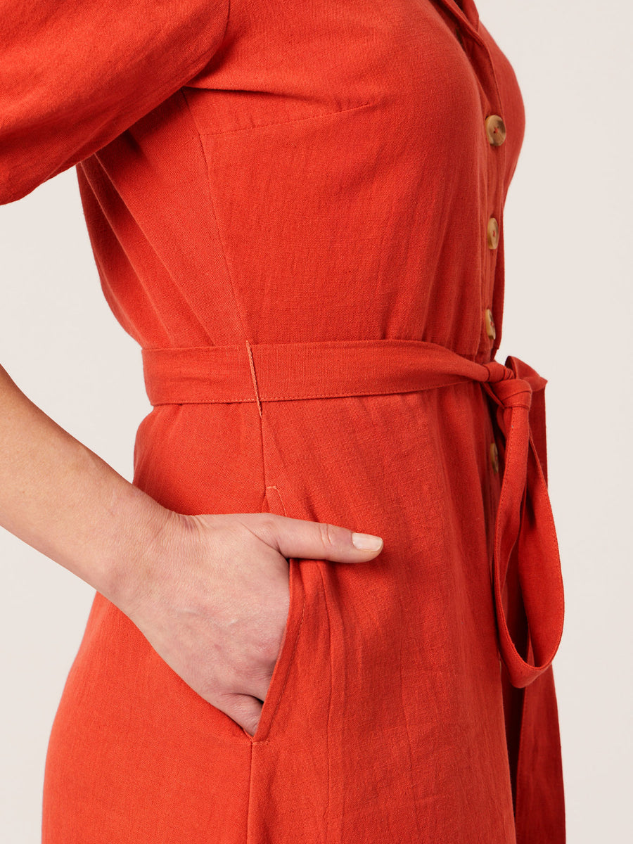 Michelle - Short Sleeve Shirt Dress - Red/Orange