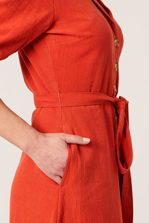 Michelle - Short Sleeve Shirt Dress - Red/Orange