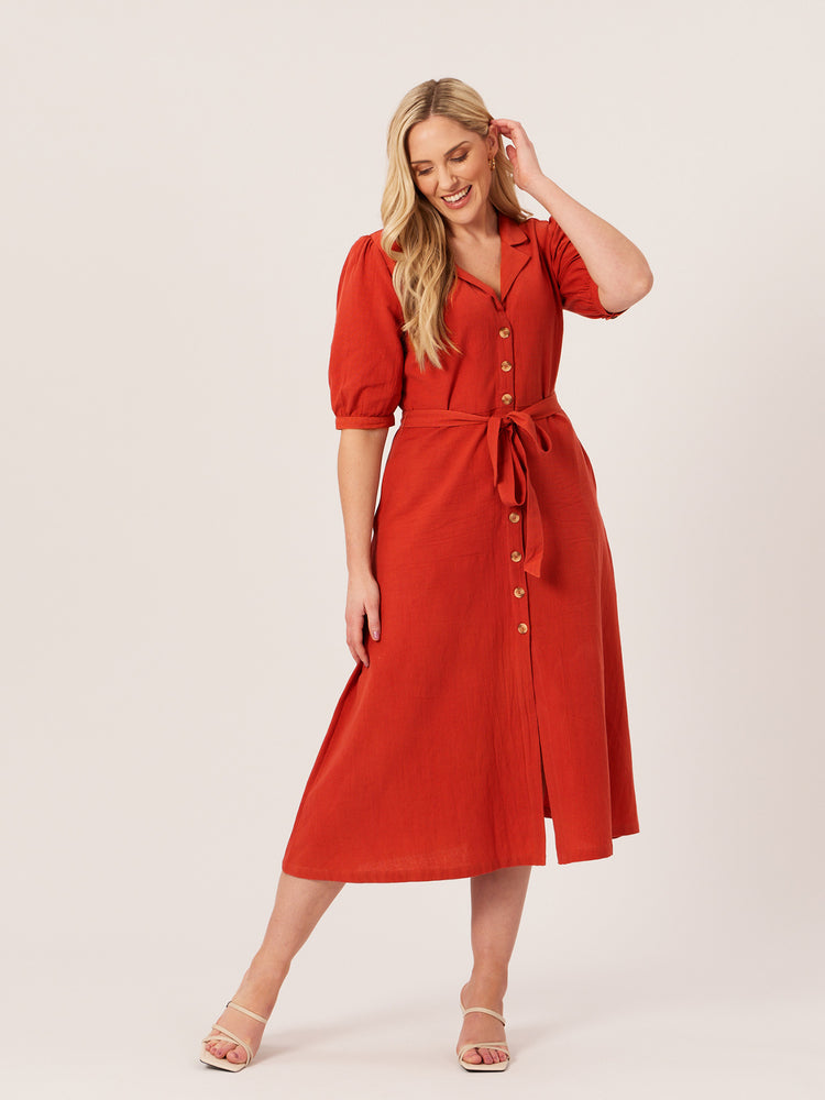 Michelle - Short Sleeve Shirt Dress - Red/Orange