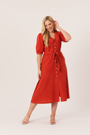 Michelle - Short Sleeve Shirt Dress - Red/Orange