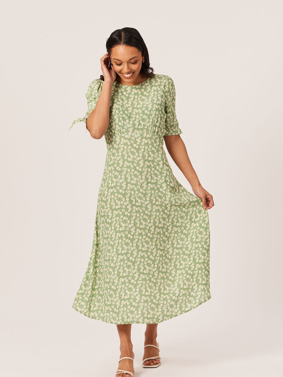 Sally-Grace - Tie Sleeve Midi Dress - Green