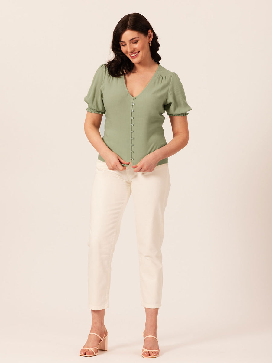 Caroline Button Front Puff Sleeve Top