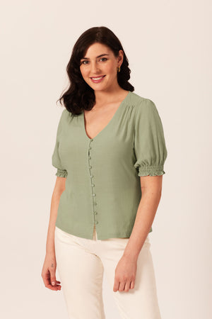 Caroline Button Front Puff Sleeve Top