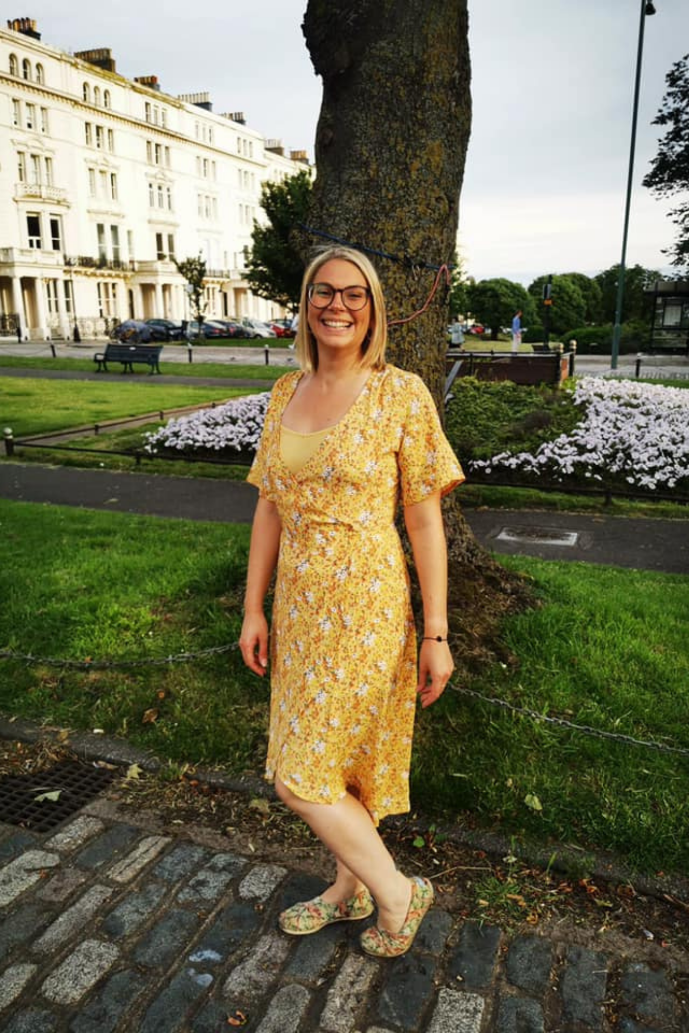 yellow midi wrap dress Graceful Pleats Faux-Wrap Belted Midi Dress in Yellow