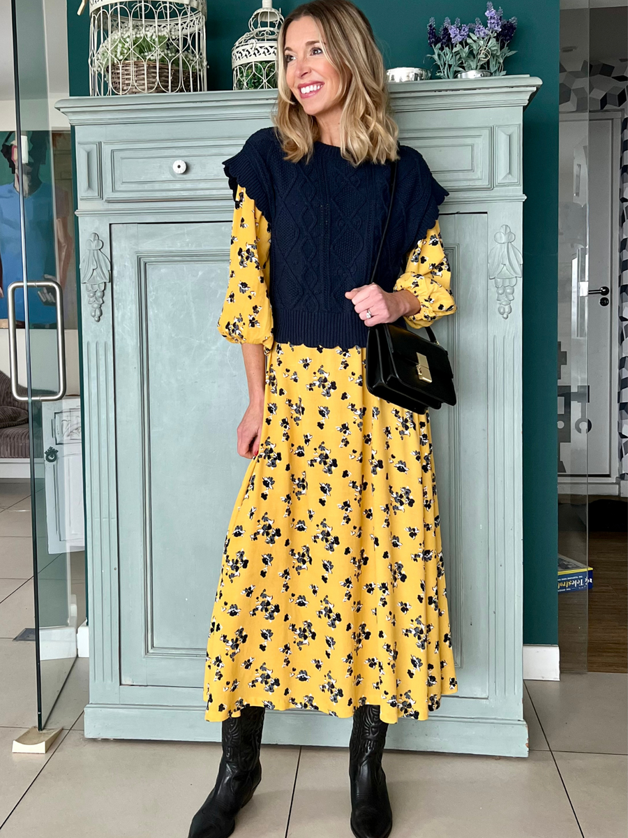 Molly - Sweetheart Midi Dress - Yellow Floral