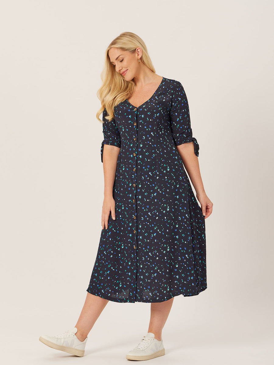 Alison - Ditsy Print Midi Dress - Black