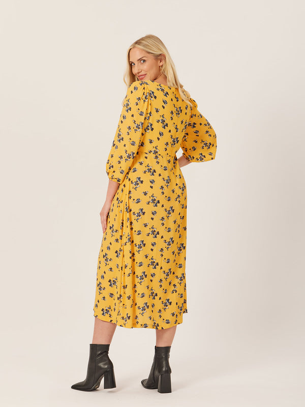 Molly - Sweetheart Midi Dress - Yellow Floral