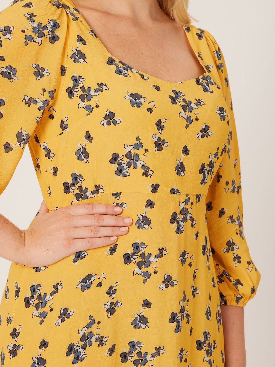 Molly - Sweetheart Midi Dress - Yellow Floral