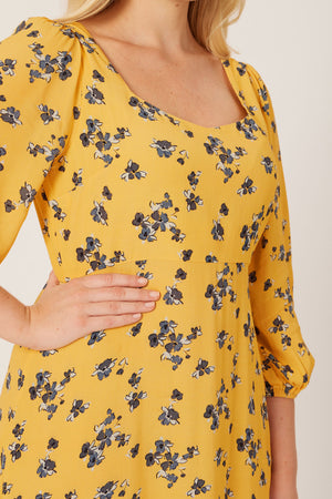 Molly - Sweetheart Midi Dress - Yellow Floral