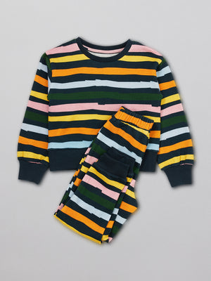 Eco-friendly kids tracksuit set in wavy multicolour stripe.