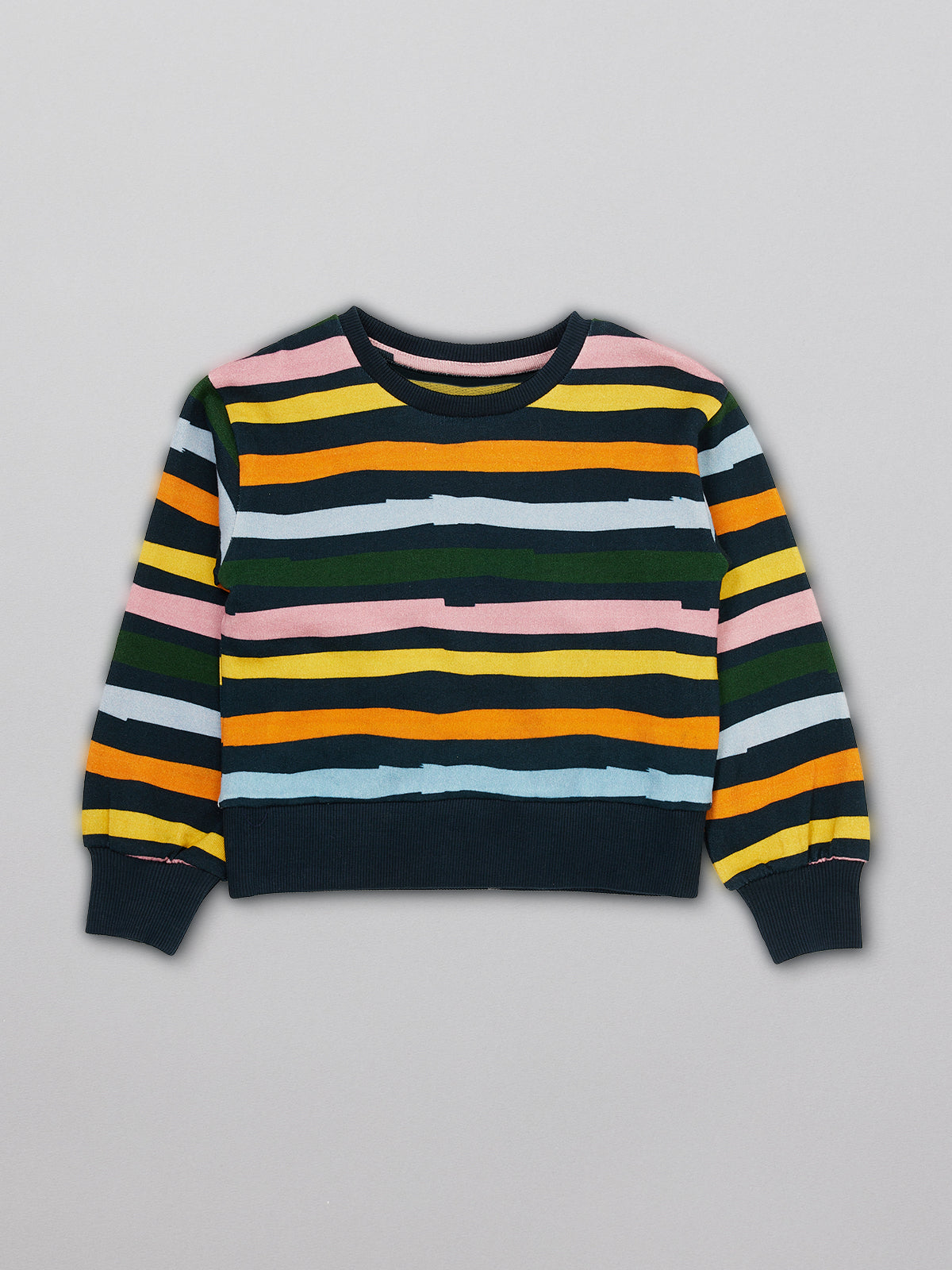 Eco-friendly kids jumper in wavy multicolour stripe, pictured from the front. 