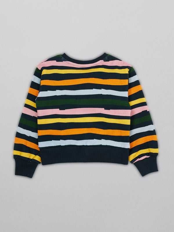 Eco-friendly kids jumper in wavy multicolour stripe, pictured from the back.