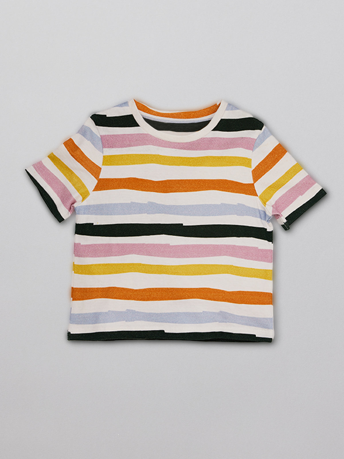 Sustainable unisex kids t-shirt in multicolour stripe, pictured from the front. 