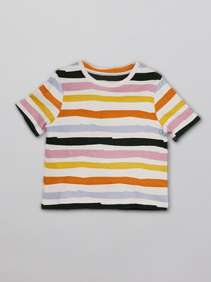 Sustainable unisex kids t-shirt in multicolour stripe, pictured from the front. 