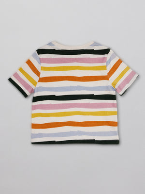 Sustainable unisex kids t-shirt in multicolour stripe, pictured from the front. 