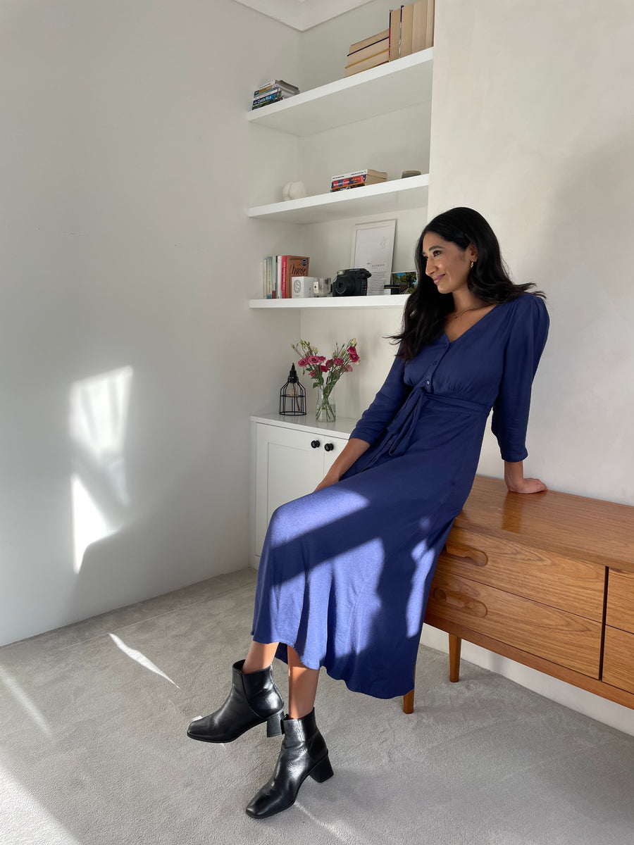 Becky - Belted Midi Dress - Blue
