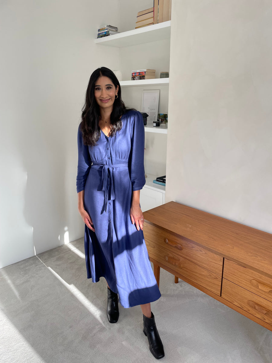 Becky - Belted Midi Dress - Blue