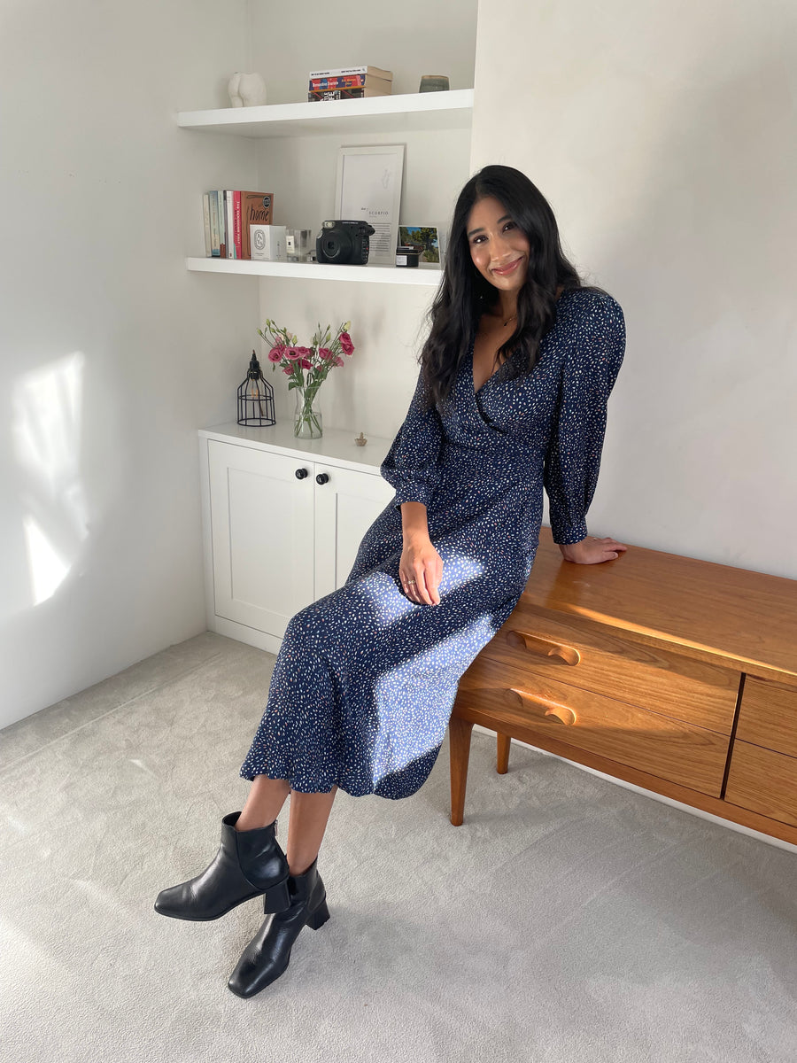 Natalie - Long Sleeved Midi Wrap Dress - Navy with Dots