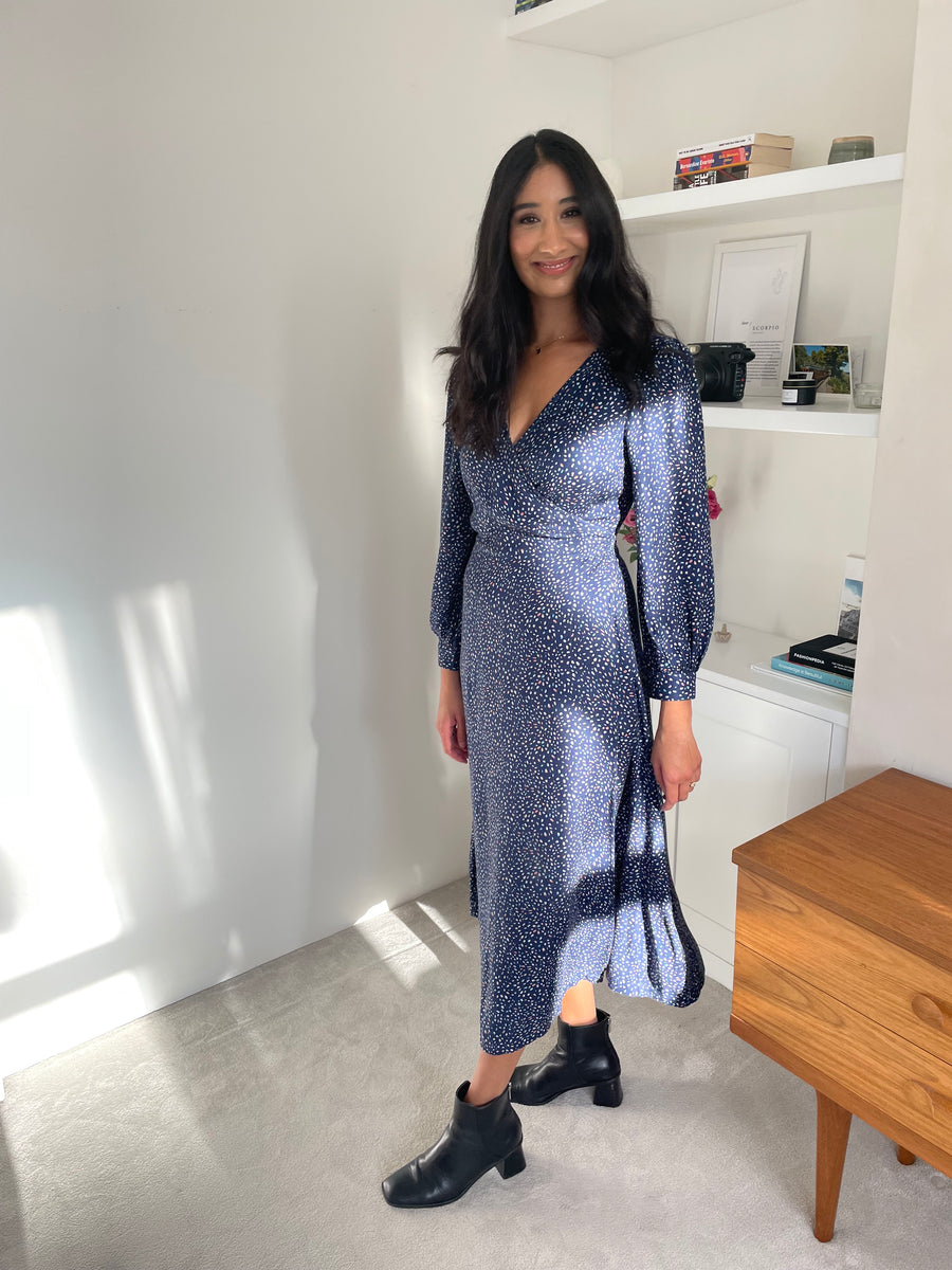 Natalie - Long Sleeved Midi Wrap Dress - Navy with Dots