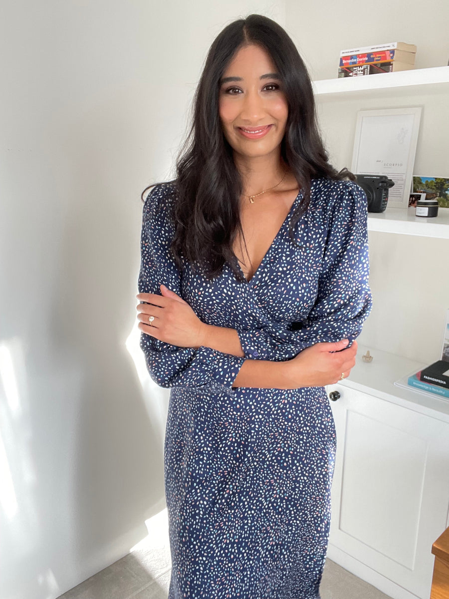 Natalie - Long Sleeved Midi Wrap Dress - Navy with Dots
