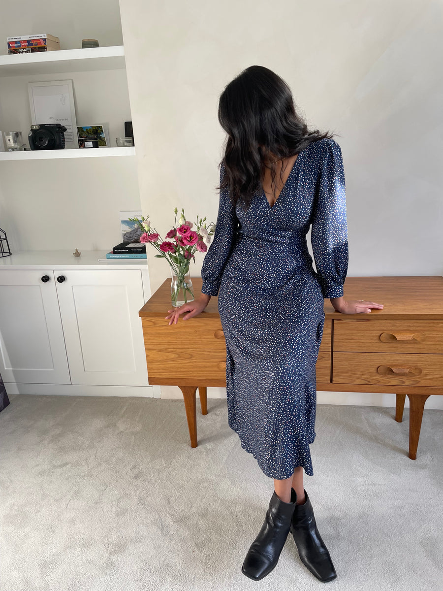 Natalie - Long Sleeved Midi Wrap Dress - Navy with Dots