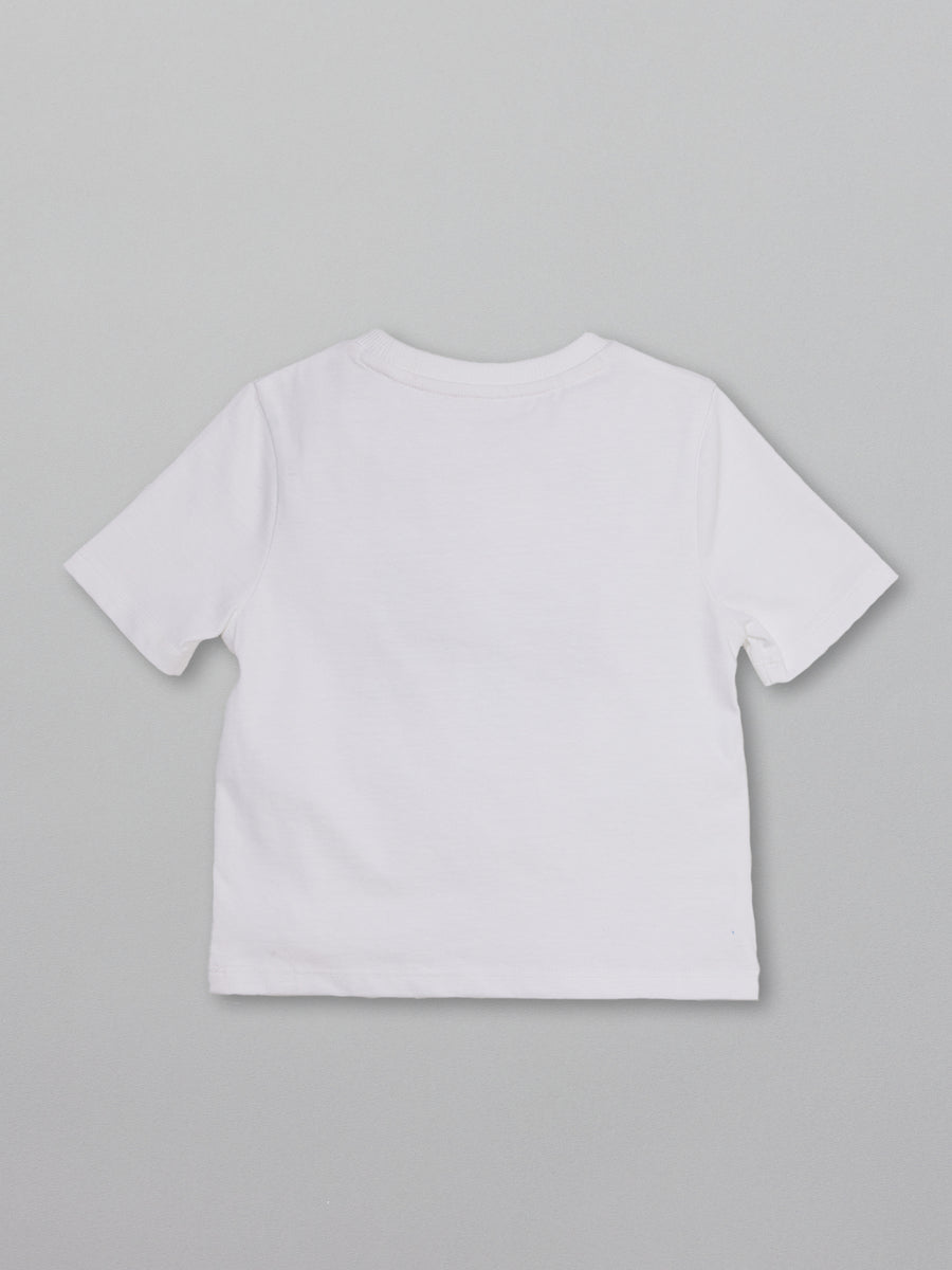 Eco-friendly white kids t-shirt with a multicolour bicycle print on the front, pictured from the back.