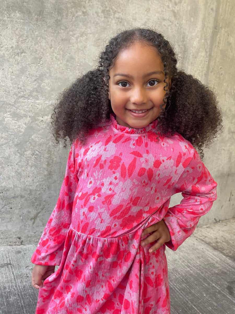 Izzy - Kids Long Sleeve Dress - Pink & Red Floral Print