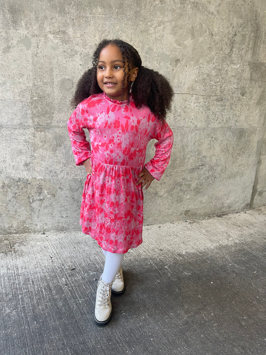 Izzy - Kids Long Sleeve Dress - Pink & Red Floral Print