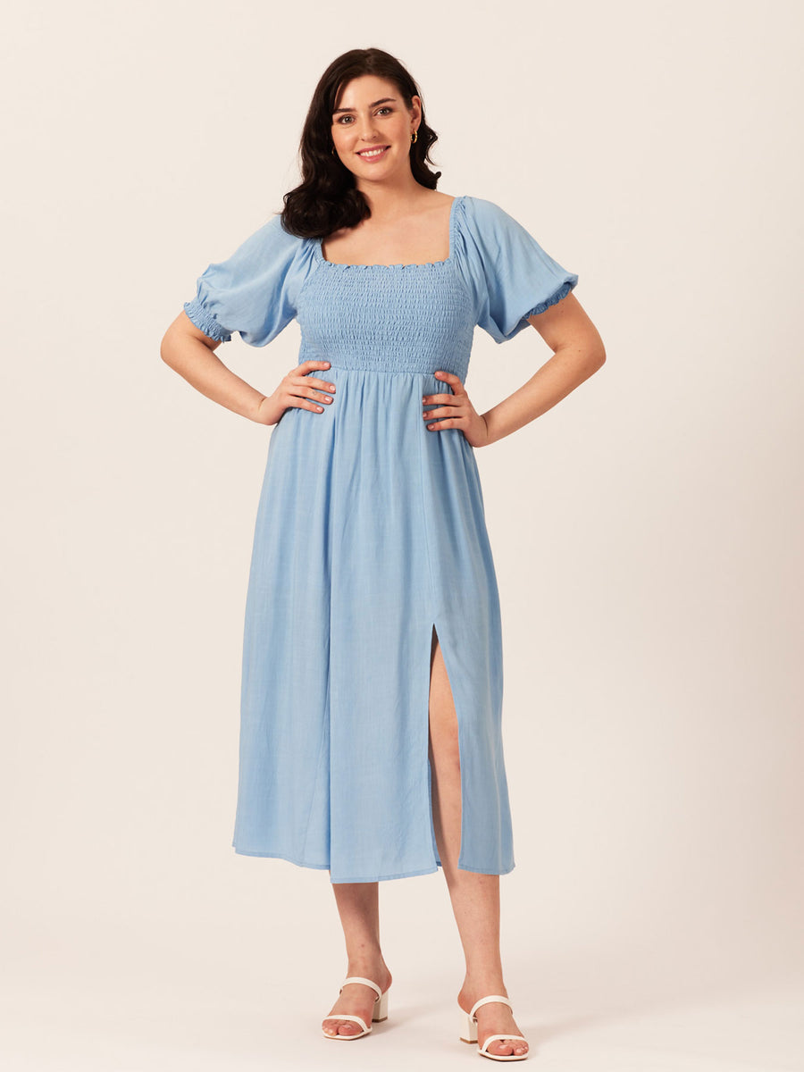 Katie - Shirred Bodice Midi Dress - Blue